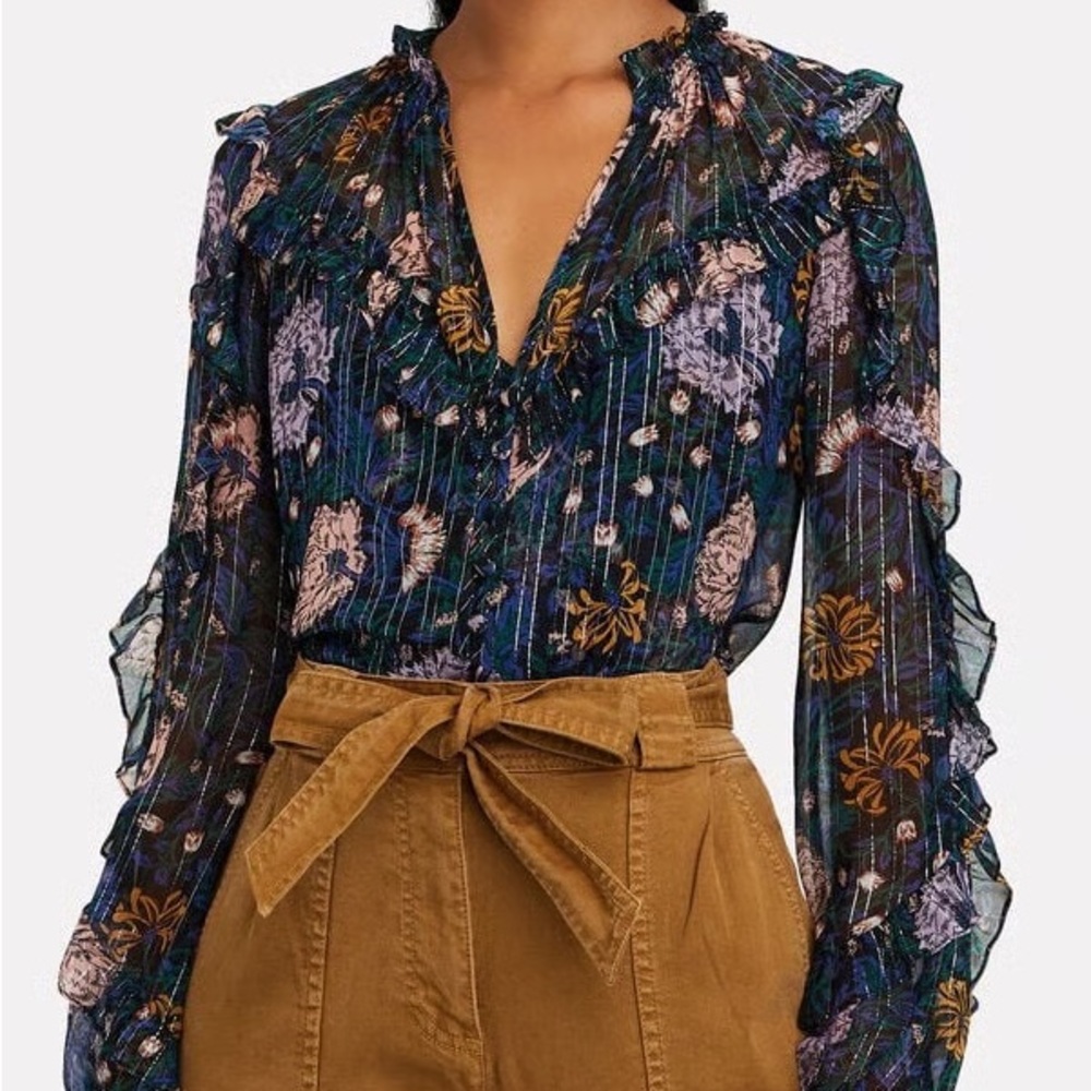 Veronica Beard Metallic Floral Ruffle Blouse Sheer Navy Size 8